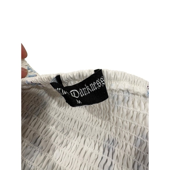 White Blue Floral Milkmaid Midi Dress Sz M Coquette Romantic Ruffles Bows Puff - Picture 8 of 10